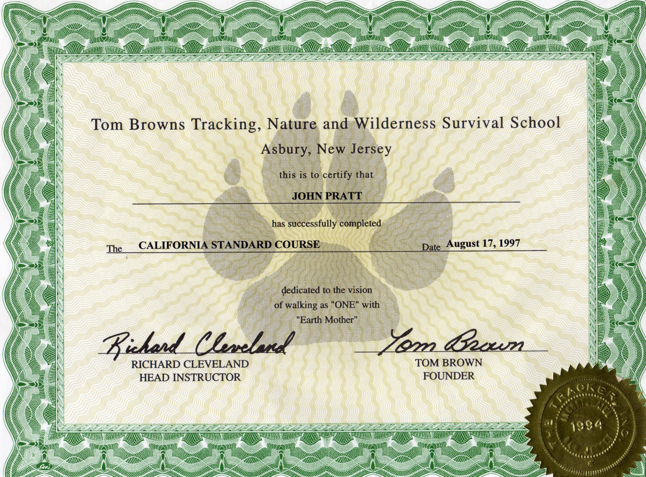 Tom Brown Standard Tracker Course Graduation Certificate